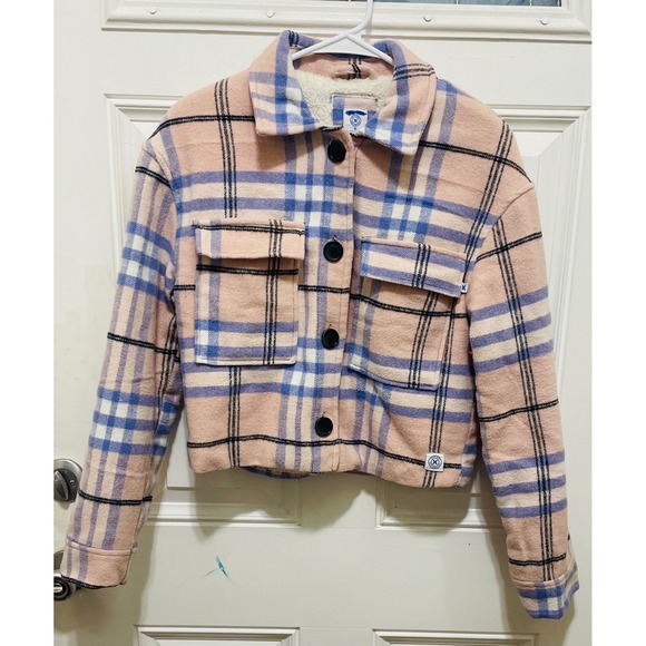 Hurley Plaid Sherpa Jacket Cropped Button Up Pink Blue Cozy‎ Small - Picture 1 of 5